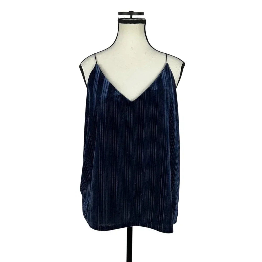 Leith Velvet Cami Top Women XL Blue Pleated Tank Spaghetti Strap Y2k Eveningwear - Picture 4 of 9